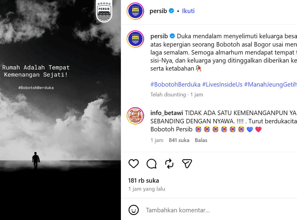 Bobotoh 16 Tahun Tewas di Bogor Usai Nonton Persib, Saksi Sebut Ada Luka di Punggung Ungkapan duka Persib