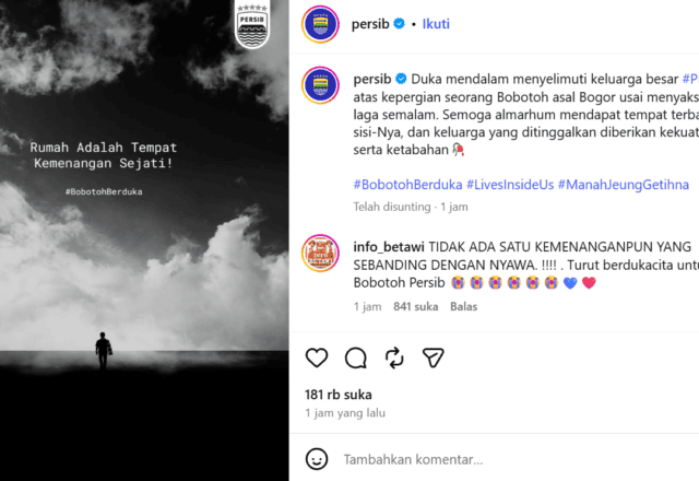 Bobotoh 16 Tahun Tewas di Bogor Usai Nonton Persib, Saksi Sebut Ada Luka di Punggung Ungkapan duka Persib